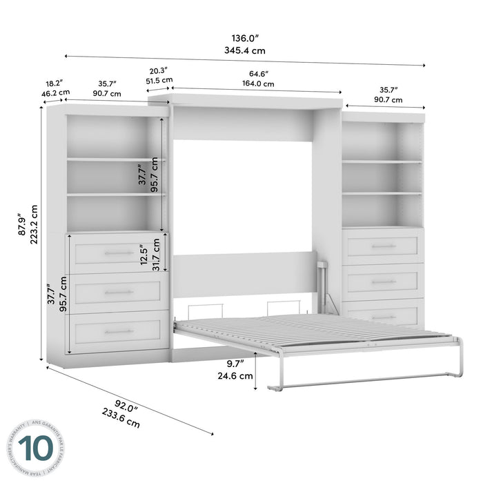 Bestar Pur Queen Murphy Bed and Two Shelving Units with Drawers (136 W) - White