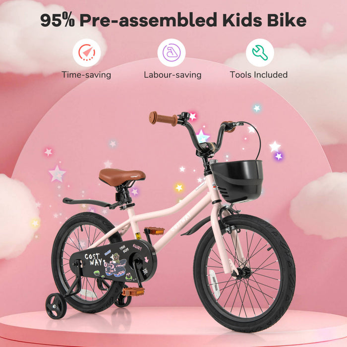 Costway 18\" Kid's Bike With Training Wheels Adjustable Handlebar & Seat Handbrake Pink
