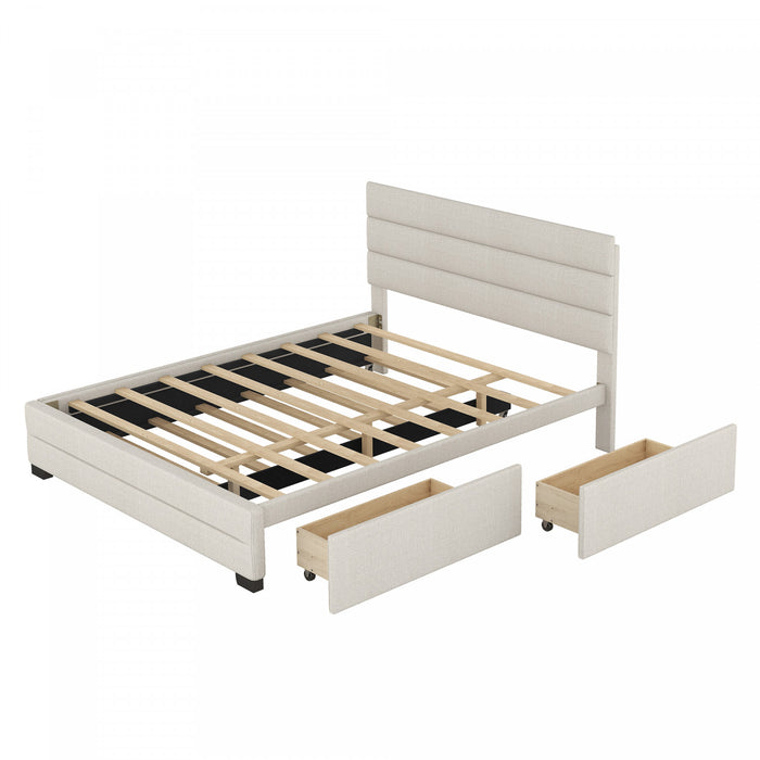 Sophie Linen-look Fabric Upholstered Platform Bed With Trundle And Storage Drawers, Queen Size, Beige