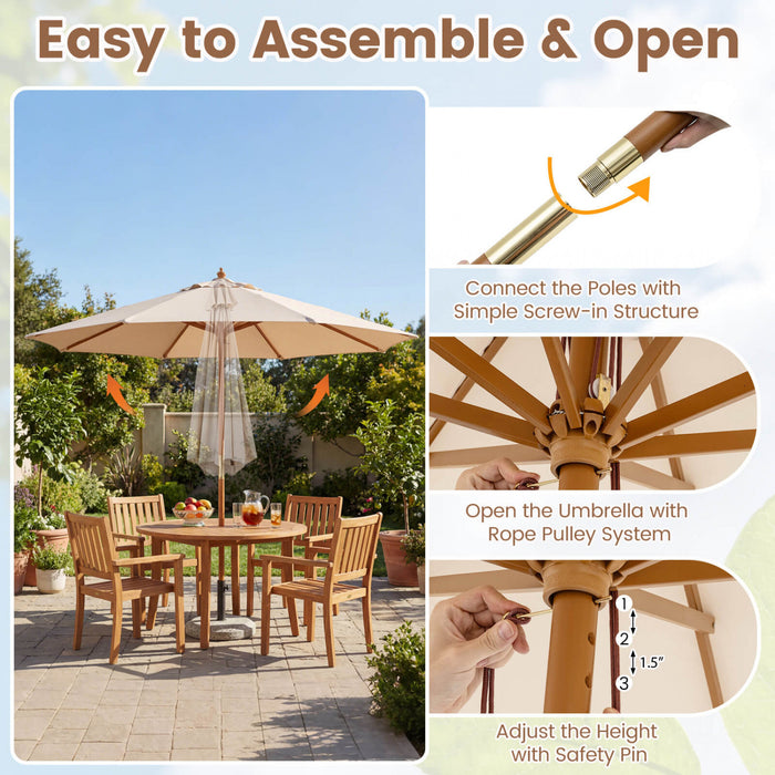 Costway 9 FT Patio Umbrella with Adjustable Height Rope Pulley Lift Vented Top 8 Sturdy Ribs Beige