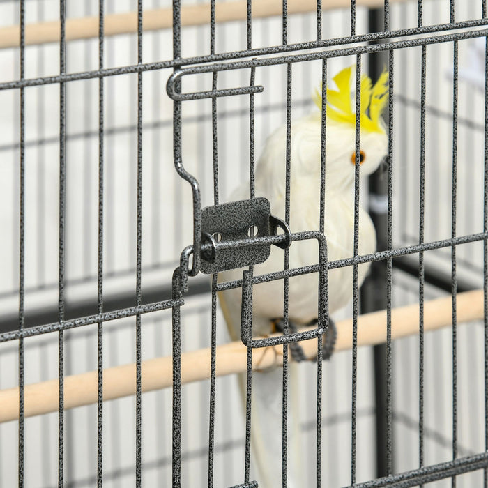 Pawhut 52\" Large Rolling Steel Bird Cage Bird House With Rolling Stand, Storage Shelf, Wood Perch, Food Container, Dark Grey