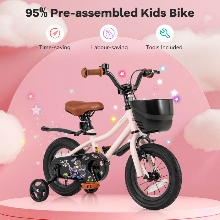 Costway 12\" Kid's Bike With Training Wheels Adjustable Handlebar & Seat Handbrake Pink