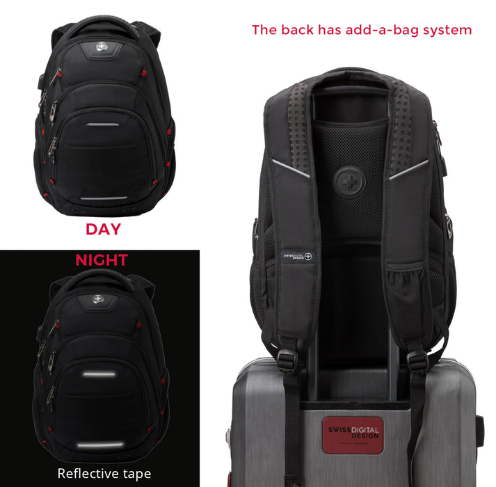Swissdigital Neptune Backpack – 16\" Laptop Bag, USB Charging, SDD Finder, RFID Protection, TSA-Friendly, Add-A-Bag System