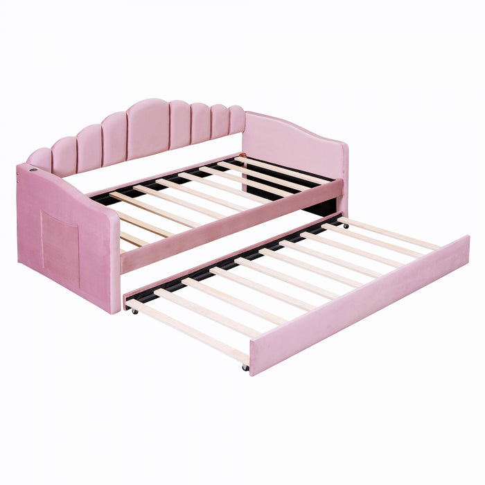 Lily Upholstered Daybed with Trundle and USB Charging Ports,Twin Size,Pink Twin Bed