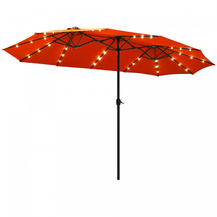 Costway 15Ft Patio Double-Sided LED Market Umbrella Crank Solar Powered Orange