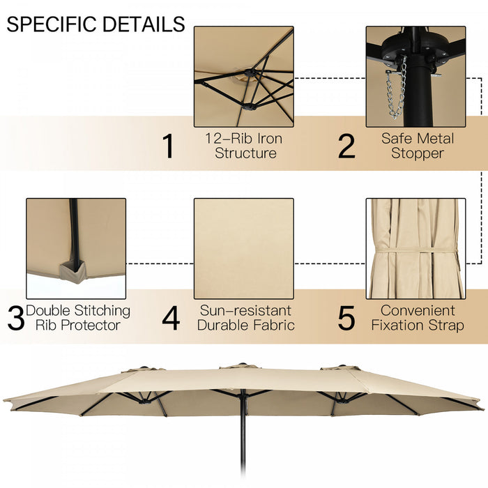 Costway 15FT Double-Sided Twin Patio Umbrella Outdoor Market W/ Crank & Base Beige