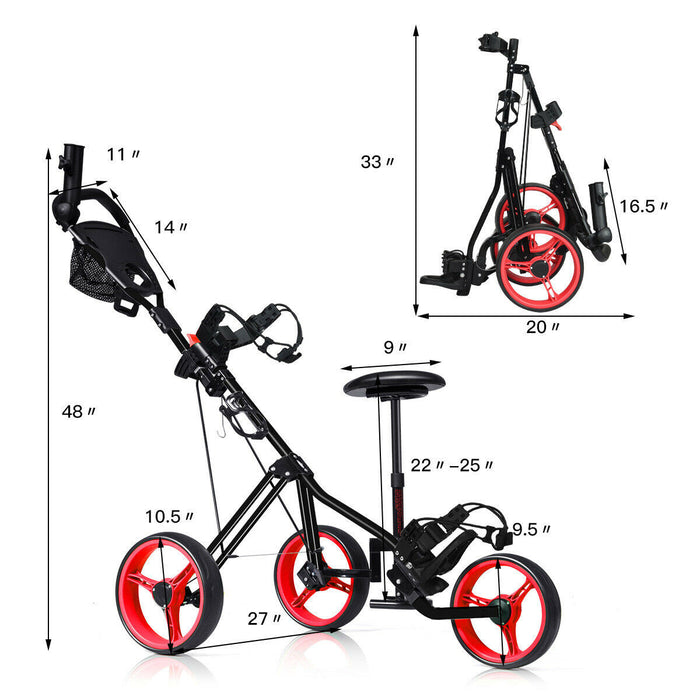 Costway Foldable 3 Wheel Push Pull Golf Club Cart Trolley W/seat Scoreboard Bag Red