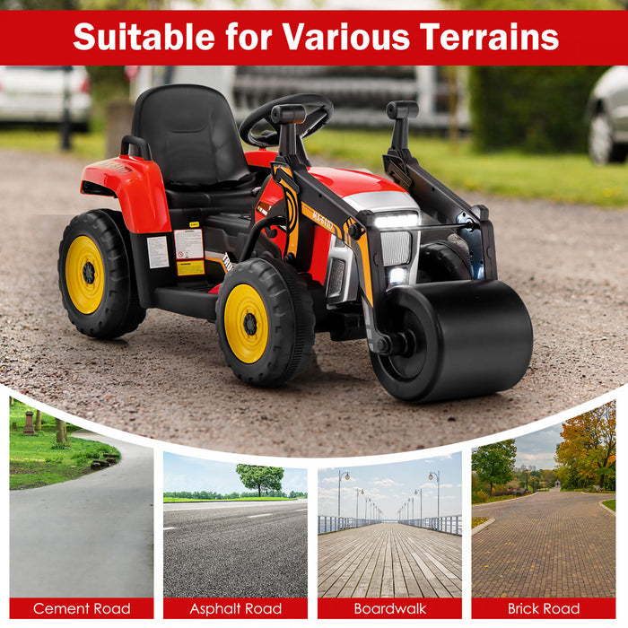 Costway Kids Ride On Road Roller 12v Electric Tractor Remote W/ Music & Led Light Red