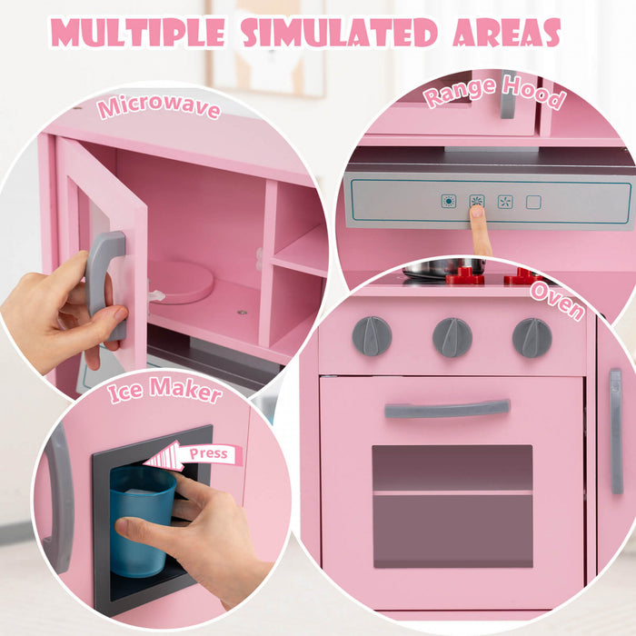 Costway Kids Kitchen Playset Wooden Pretend Play Chef Toy With Microwave & Accessories Pink