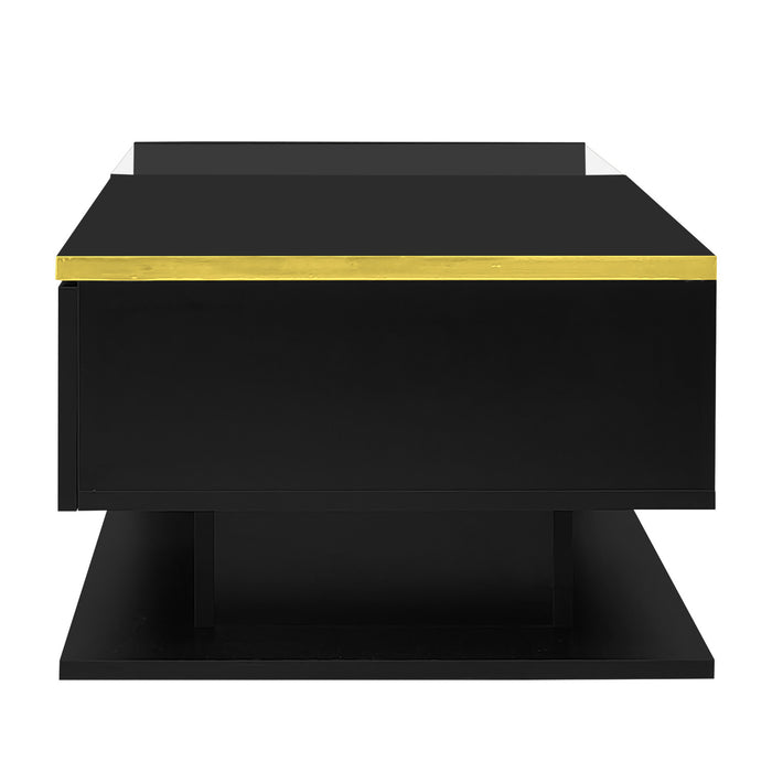 Ethan High-Gloss 35.4\" Long Coffee Table with Glass and LED Effect,Black