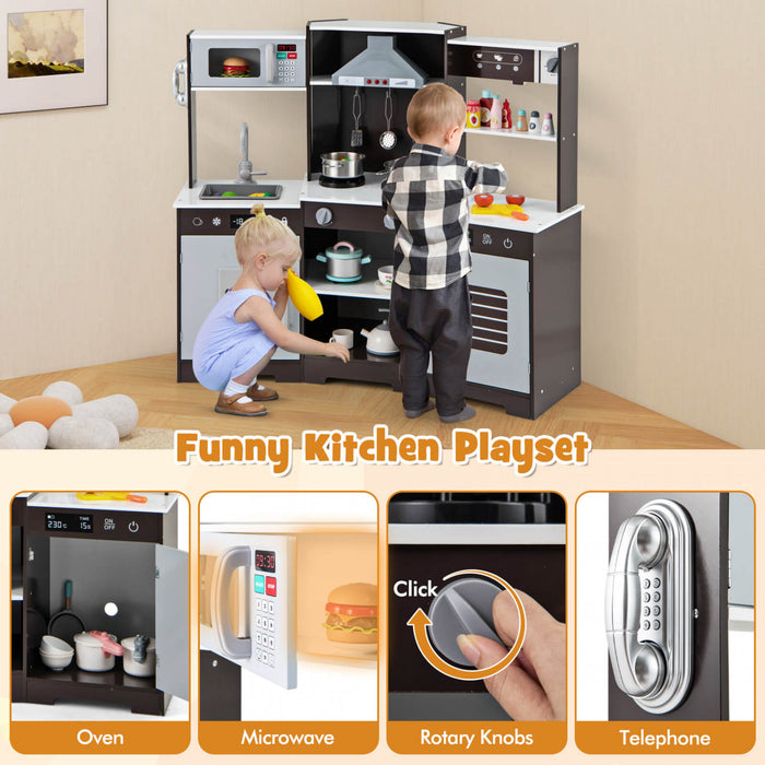 Costway Pretend Play Kitchen For Kids Toddler Aged 3+ Wooden Toy Set With Range Hood Brown
