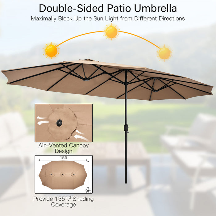 Costway 15FT Double-Sided Twin Patio Umbrella Outdoor Market with Crank & Base Brown
