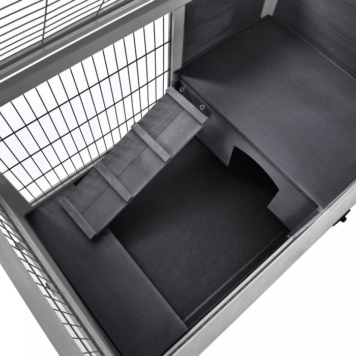 Pawhut Wooden Indoor Rabbit Hutch Elevated Bunny Cage Habitat With Enclosed Run With Wheels, Ideal For Rabbits And Guinea Pigs, Grey