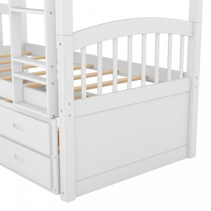 Sean Solid Wood Convertible Design Bunk Bed With Trundle And Drawers, Twin Size, White