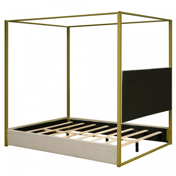 Sophia Upholstery Canopy Platform Bed with Foam Headboard and Velvet,Queen Size,Beige Queen Bed