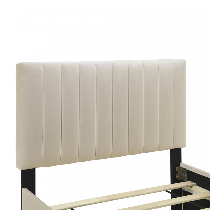 Ethan Space-Saving Velvet Upholstered Platform Bed with Trundle,Twin Size,Beige Twin Bed