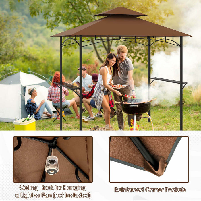 Costway 8' X 5' Grill Gazebo With 2 Shelves 7 Hooks Metal Frame Soft Top Brown