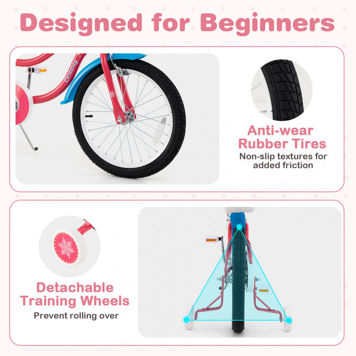 Costway 18\" Kids Bike For 4-8 Years Old With Basket Doll Seat & Colorful Streamers Kickstand Pink