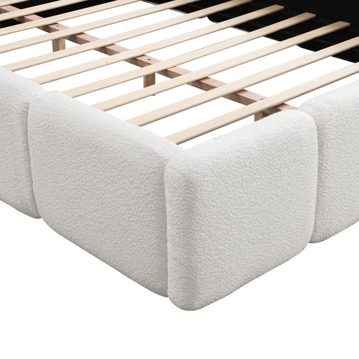 Aiden Platform Bed with Supportive Upholstered Frame in Boucle Fabric,Queen Size,White Queen Bed