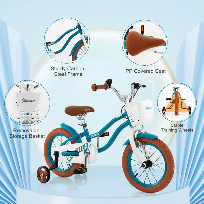 Costway 12\" Kid's Bike With Removable Training Wheels & Basket For 3-4 Years Old Turquoise