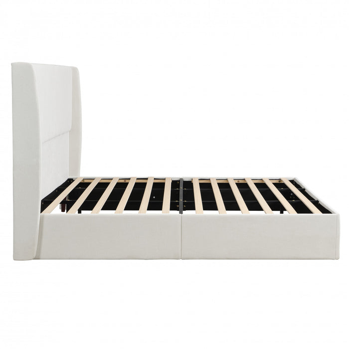 Liam Upholstered Platform Bed with Wingback Headboard,King Size,Beige King Bed