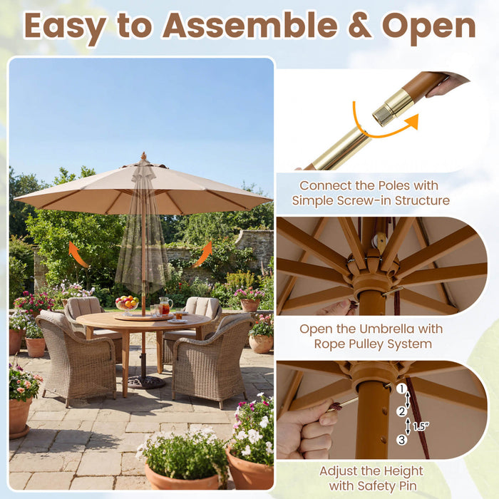 Costway 9 FT Patio Umbrella with Adjustable Height. Rope Pulley Lift. Vented Top for Beach Khaki Tan