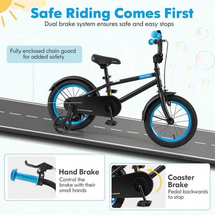Costway 14\" Kids Bike With Adjustable Saddle Handlebar Removable Training Wheels Handbrake Black