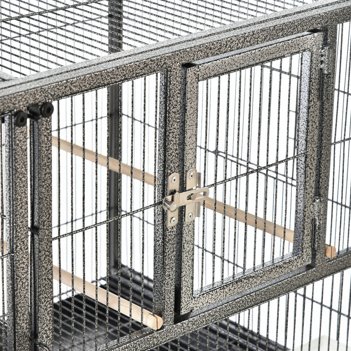 Pawhut 40 Inch Large Double Rolling Metal Bird Cage Bird House With Removable Metal Tray, Storage Shelf, Wood Perch, Food Container