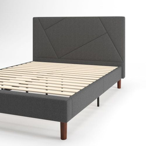 Judy Upholstered Platform Bed with Headboard in Dark Grey - Queen Size