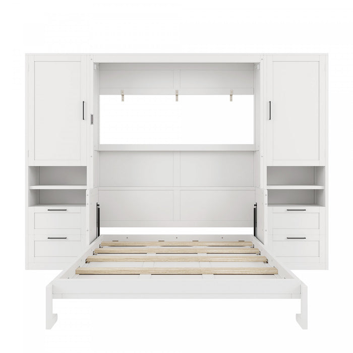 Maria Murphy Bed with Drawers and Shelves,Queen Size,White Queen Bed