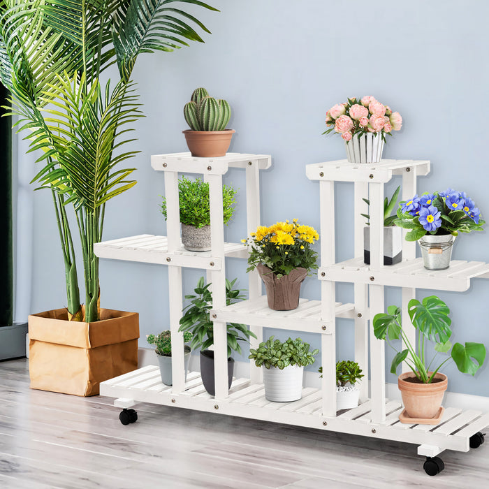 Costway 4-tier Rolling Flower Rack Wood Plant Stand Casters 12 Pots Bonsai Display Shelf