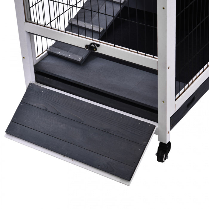 Pawhut Wooden Indoor Rabbit Hutch Elevated Bunny Cage Habitat With Enclosed Run With Wheels, Ideal For Rabbits And Guinea Pigs, White