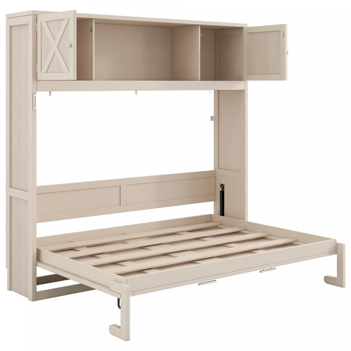 Ethan Solid Wood Murphy Bed with Storage Cabinets,Queen Size,Beige Queen Bed