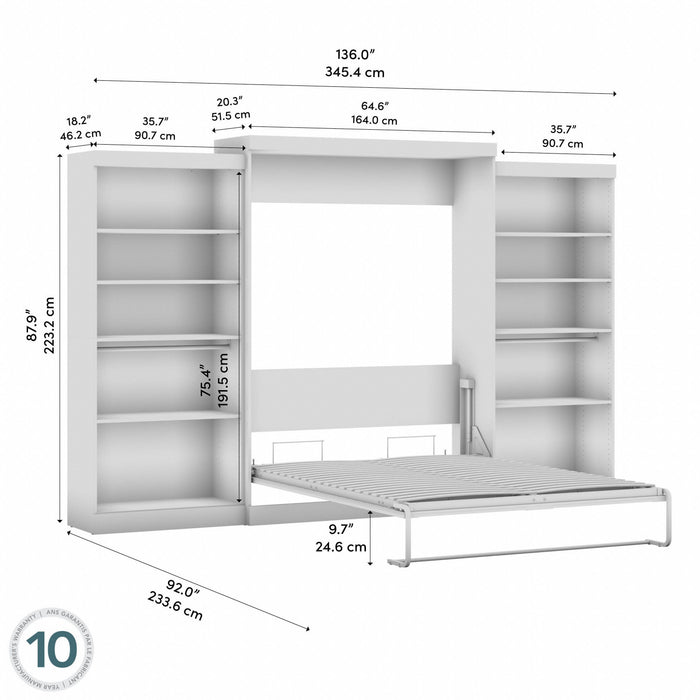 Bestar Pur Queen Murphy Bed with Two Shelving Units 136-Inch Wall Bed - White