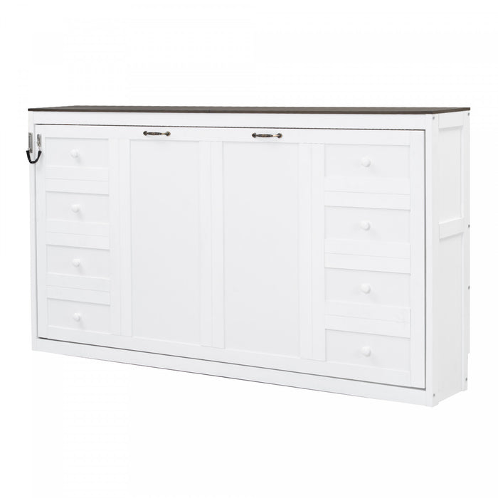 Olivia Solid Wood Murphy Bed with LED Light and Foldable Cabinet,Twin Size,White Twin Bed