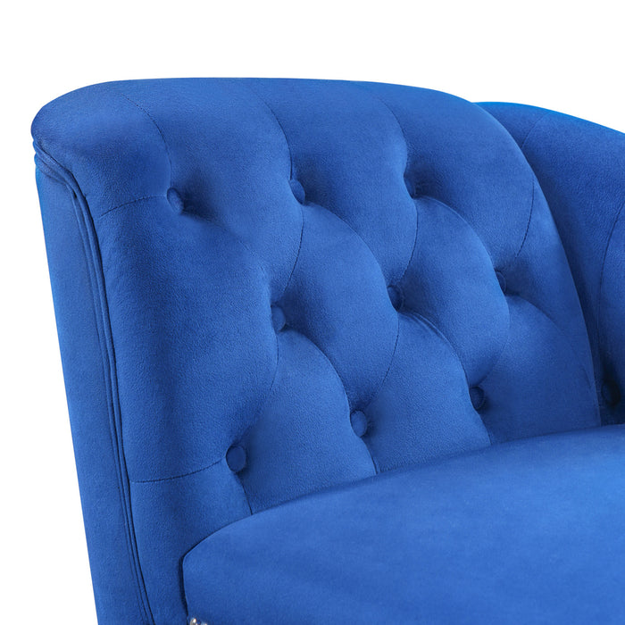 Serena Velvet Chaise Lounge with Button Tufting and Nailhead Trim, Blue