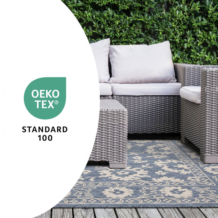 Cabana Blue White Elegant Border Outdoor Rug, 6'7\" x 9'6\" Outdoor Area Rug