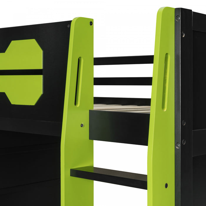 Olivia Wood Loft Bed with Desk and Multi-storage Shelves,RGB Light,Green Full Bed