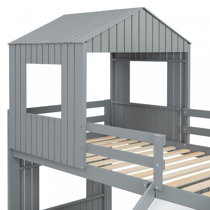 Marico Twin Over Solid Wood Full Bunk Bed With Slide, Playhouse Design, Grey