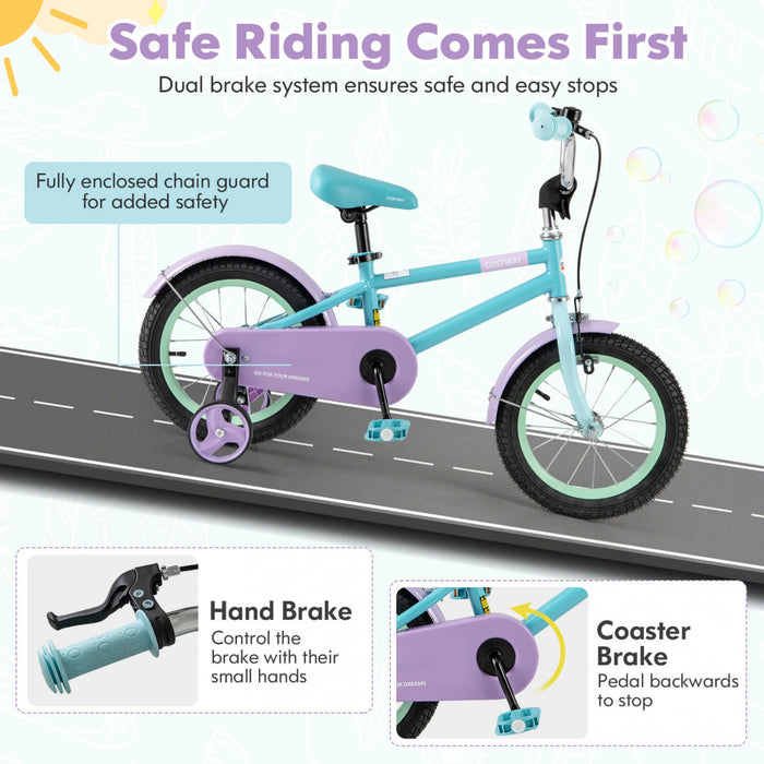 Costway 14\" Kids Bike With Adjustable Saddle Handlebar Removable Training Wheels Handbrake Blue
