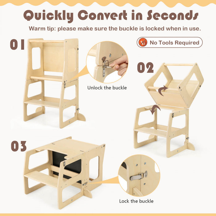 Costway 3-in-1 Foldable Kitchen Standing Tower For Toddlers With Chalkboard Weaning Table Natural