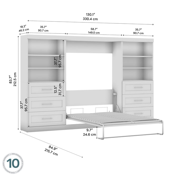 Bestar Pur Full Murphy Two Shelving Units with Drawers 131-Inch Wall Bed - White