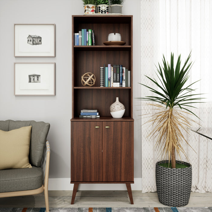 Milo Mid-Century Modern Tall Bookcase with Adjustable Shelves, 2 Doors & Brushed Brass-Finished Knobs - Cherry