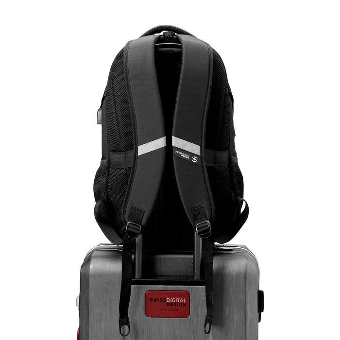 Swissdigital Vector School Backpack – 17\" Laptop Bag, USB Charging, SDD Finder, RFID Protection, Reflective Trim, Add-A-Bag System