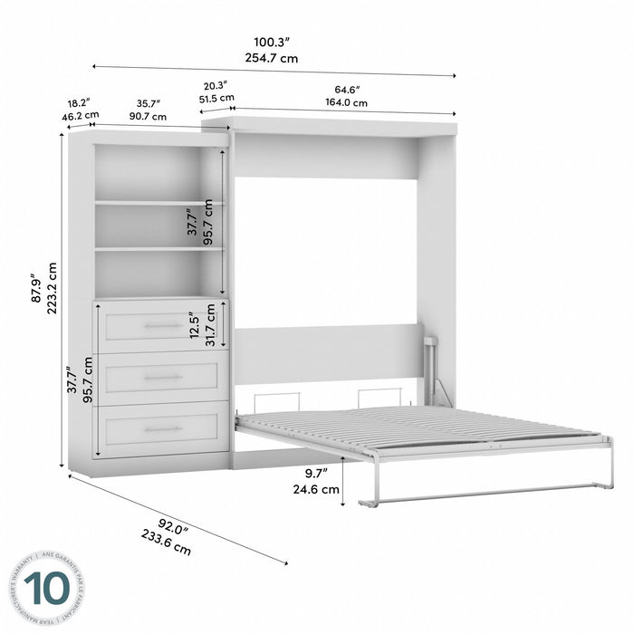 Bestar Pur Queen Murphy Bed and Shelving Unit with Drawers 101-Inch Wall Bed - White