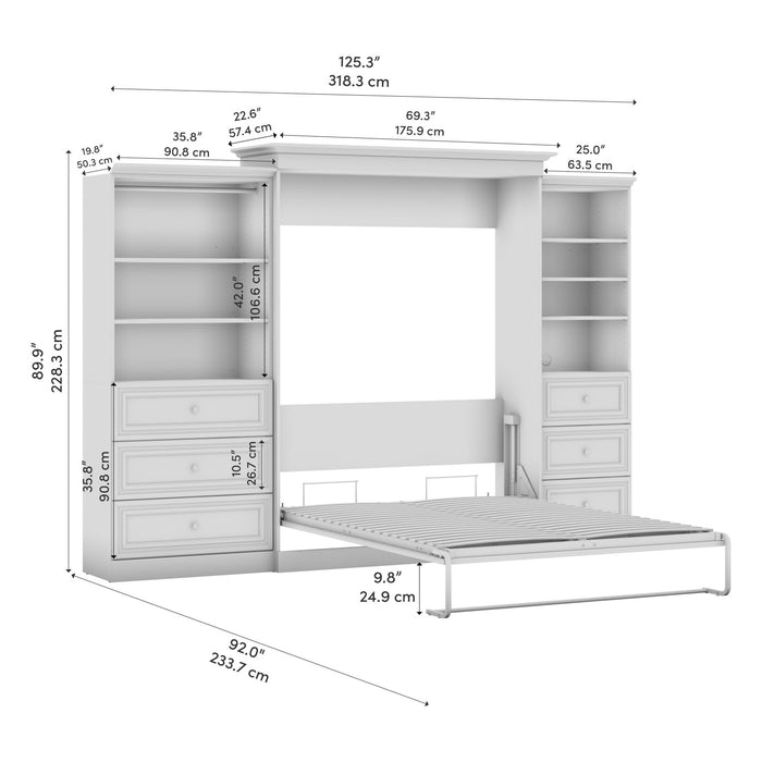 Bestar Versatile Queen Murphy Bed and Closet Organizers with Drawers (126 W) - Linen White Oak