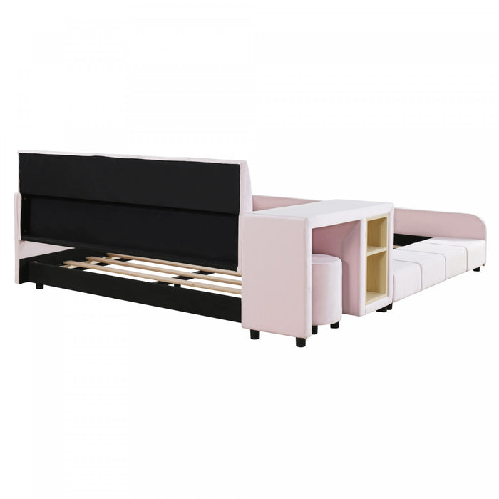 Lily Velvet Upholstered Grounded Bed with Desk and Stool,Full Size,Pink Full Bed