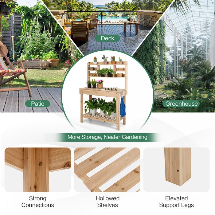 Costway Potting Bench Table Wooden Garden Work Bench Platform With Display Rack Hidden Sink
