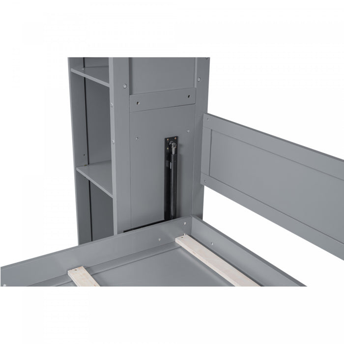 Glenn Engineered Wood Murphy Bed With Shelves And Led Lighting, Queen Size, Grey