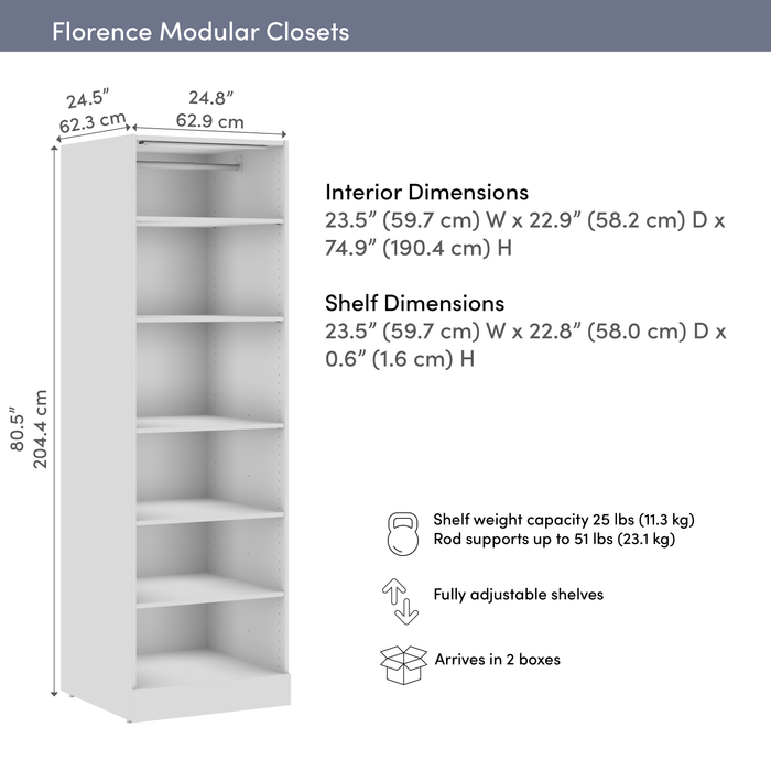 Bestar Florence 25\" Modular Reach-In/Walk-In Closet System with LED Light and Shelves - White